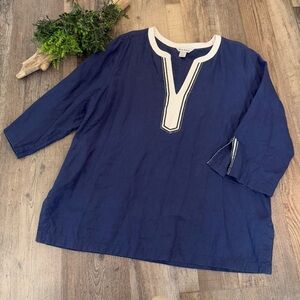 TOMMY BAHAMA 100% Linen Navy Blue & White Tunic 3/4 Sleeve V-Neck Size XL